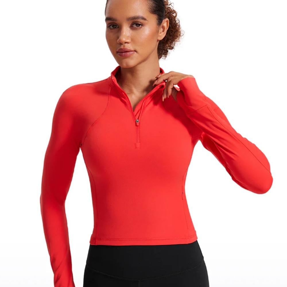 CRZ YOGA Women's Long Sleeve Zip-Front Active Top in Coral Red